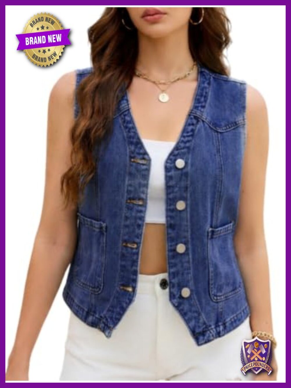 Sleeveless Denim Vest Button Down V Neck Waistcoat with Pockets